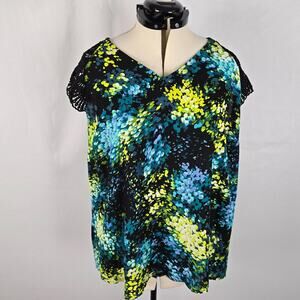 City Streets Blouse Women's 1X Blue Green Purple Short Lace Cap Sleeve V-Neck